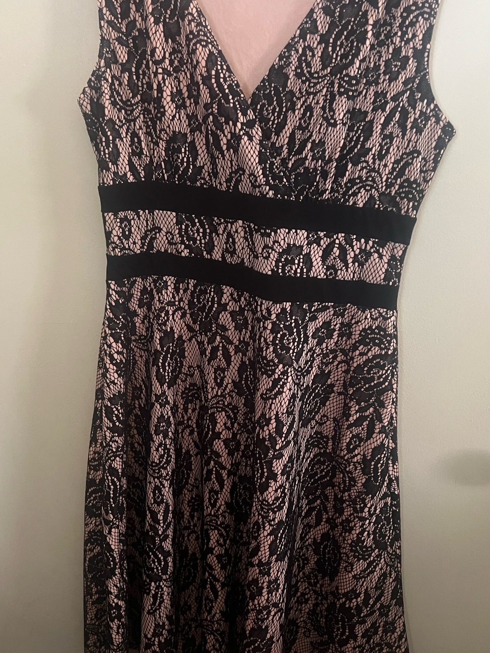 Black Lace Overlay V-Neck Dress with Blush Underlay